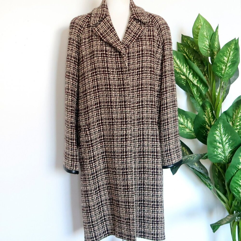 Agnona Luxury Designer Brown Cream Tweed Lamb Leather Single-breasted Long Coat